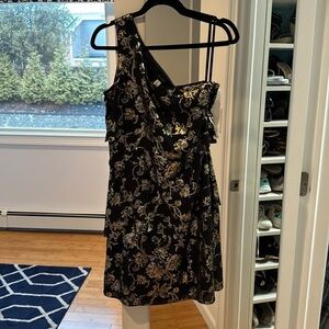 NWT one shoulder ruffle black and gold dress